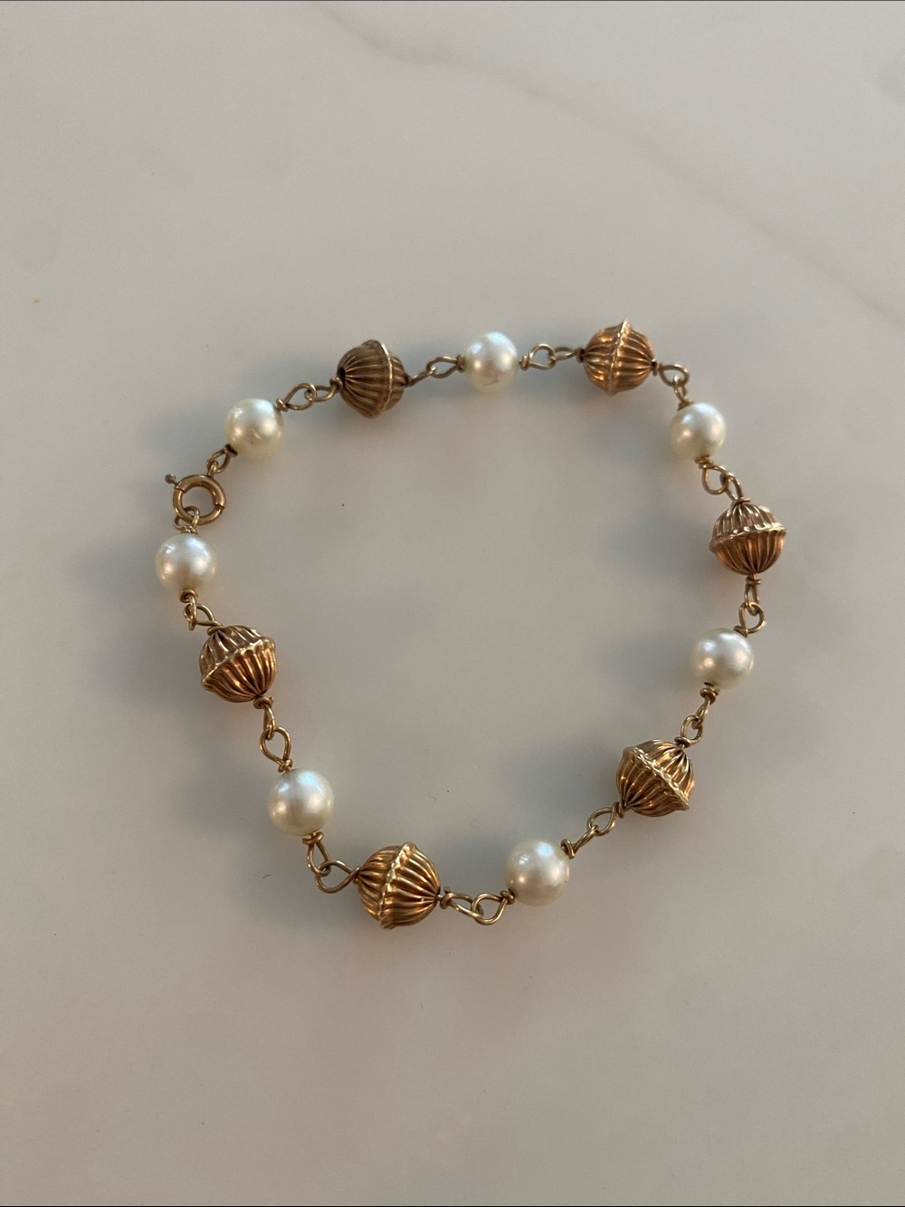 14KT solid gold chain link bracelet with 14KT beads & genuine cultured pearls
